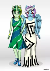 Size: 3521x4984 | Tagged: safe, artist:alphatea, derpibooru import, oc, oc:camellia yasmina, oc:rave infinity, unofficial characters only, anthro, pegasus, plantigrade anthro, unicorn, anthro oc, casual, clothes, cute, dress, duet, female, mare, pegasus wings, rule 63, shipping, shoes, sneakers, standing