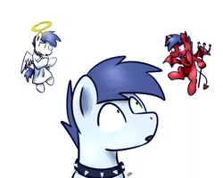 Size: 1280x1024 | Tagged: safe, artist:sugar morning, derpibooru import, oc, oc:slipstream, unofficial characters only, dog pony, pegasus, pony, angel, boof, boofy, boofy is a good boy, collar, cute, devil, halo, looking up, male, pitchfork, shoulder angel, shoulder devil, shrunken pupils, simple background, solo, spiked collar, stallion, white background