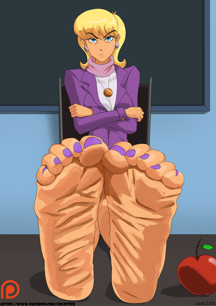 Size: 3508x4961 | Tagged: suggestive, artist:xplotter, derpibooru import, ms. harshwhinny, human, equestria girls, apple, barefoot, blazer, chair, chalkboard, clothes, cougar, crossed arms, desk, ear piercing, earring, equestria girls-ified, feet, feet on table, feet up, female, fetish, food, foot fetish, foot focus, humanized, jewelry, looking at you, nail polish, necklace, piercing, shirt, soles, solo, solo female, unamused