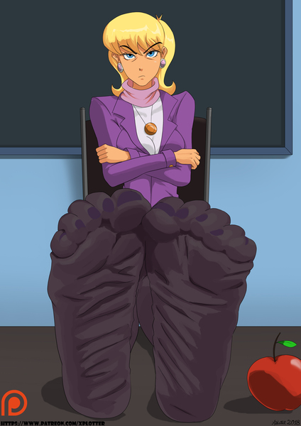 Size: 3508x4961 | Tagged: suggestive, alternate version, artist:xplotter, derpibooru import, ms. harshwhinny, equestria girls, apple, chair, clothes, crossed arms, equestria girls-ified, feet, feet on table, female, fetish, food, foot fetish, foot focus, jewelry, nail polish, necklace, socks, soles, solo, solo female, stockings, thigh highs