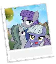 Size: 965x1100 | Tagged: safe, artist:pixelkitties, derpibooru import, limestone pie, marble pie, maud pie, earth pony, pony, female, mare, national selfie day, photo, pie sisters, show accurate, siblings, sisters, smiling, song in the description, when she smiles