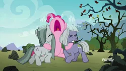 Size: 1920x1080 | Tagged: safe, derpibooru import, screencap, limestone pie, marble pie, pinkie pie, earth pony, pony, the maud couple, crying, discovery family logo, epic fountain of tears, eyes closed, female, ocular gushers, pie sisters, siblings, sisters, trio