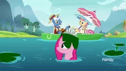 Size: 1920x1080 | Tagged: safe, derpibooru import, screencap, pinkie pie, pokey pierce, swan song, pony, unicorn, the maud couple, boat, clothes, discovery family logo, guitar, lilypad, umbrella, water, wet mane