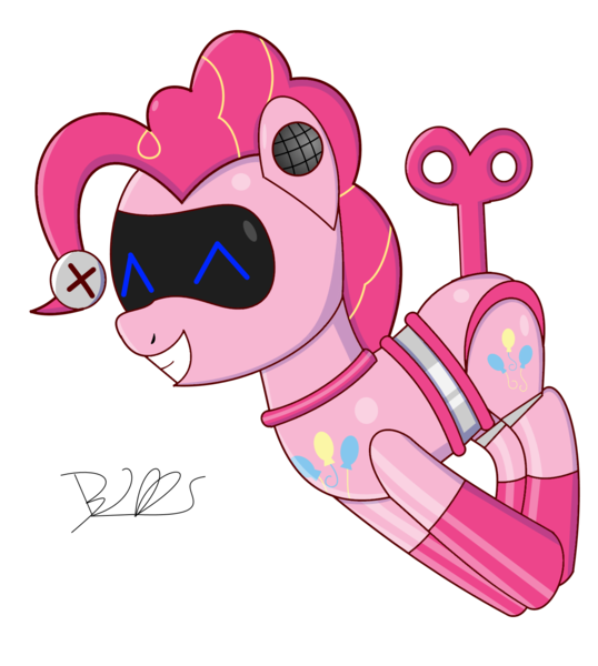 Size: 1389x1549 | Tagged: safe, artist:trackheadtherobopony, derpibooru import, pinkie pie, pony, robot, robot pony, cute, diapinkes, eyes closed, happy, jumping, pinkie bot, roboticization, simple background, solo, transparent background, wind up key