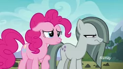 Size: 1920x1080 | Tagged: safe, derpibooru import, screencap, marble pie, pinkie pie, earth pony, pony, the maud couple, angry, cute, discovery family logo, duo, female, floppy ears, frown, glare, marble pie is not amused, mare, raised hoof, sisters, unamused