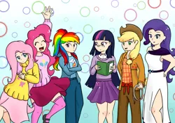 Size: 5159x3643 | Tagged: applejack, artist:captainkachiro, book, clothes, cowboy hat, cute, derpibooru import, dress, fluttershy, glasses, hat, human, humanized, mane six, mary janes, pants, pinkie pie, rainbow dash, rarity, safe, shirt, shoes, side slit, skirt, socks, stetson, sweater, sweatershy, thigh highs, turtleneck, twilight sparkle