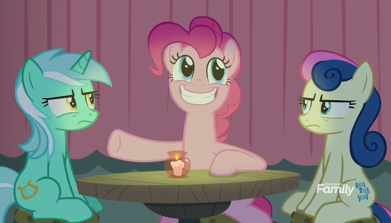 Size: 1046x596 | Tagged: safe, derpibooru import, screencap, bon bon, lyra heartstrings, pinkie pie, sweetie drops, earth pony, pony, unicorn, the maud couple, bon bon is not amused, female, grin, lyra is not amused, sitting, smiling, third wheel, trio, trio female, unamused