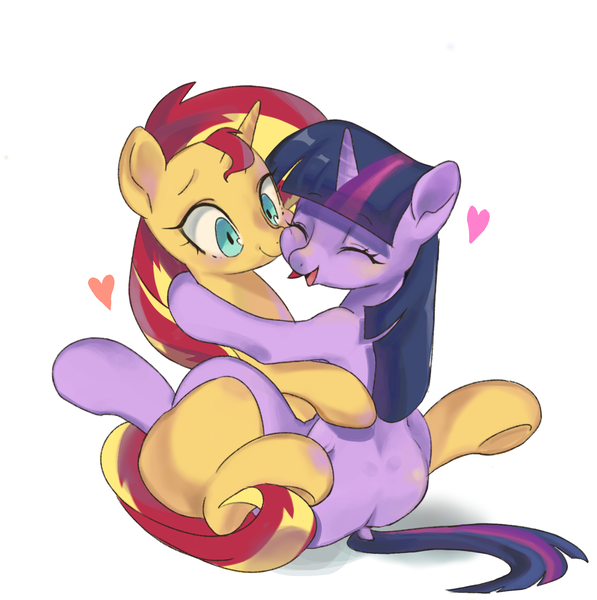 Size: 1497x1505 | Tagged: safe, artist:jus+ice, derpibooru import, sunset shimmer, twilight sparkle, pony, unicorn, boop, cuddling, cute, daaaaaaaaaaaw, dock, eyes closed, female, heart, hug, lesbian, mare, nuzzling, open mouth, plot, shimmerbetes, shipping, simple background, sitting, smiling, squishy cheeks, sunsetsparkle, twiabetes, underhoof, white background