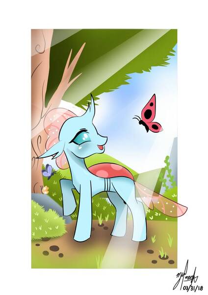 Size: 820x1160 | Tagged: artist:markvoid21, butterfly, changedling, changeling, crepuscular rays, derpibooru import, female, ocellus, open mouth, safe, scenery, school daze, signature, solo