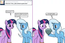 Size: 1204x800 | Tagged: safe, artist:dekomaru, derpibooru import, tom, trixie, twilight sparkle, pony, unicorn, tumblr:ask twixie, ask, comic, female, lesbian, pet, shipping, spanish, translation, tumblr, twixie