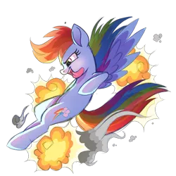 Size: 1000x1000 | Tagged: safe, artist:prince-lionel, deleted from derpibooru, derpibooru import, rainbow dash, action pose, explosion, flying, simple background, smoke, tongue out, transparent background