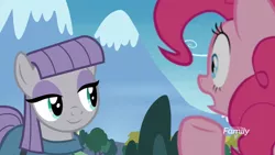 Size: 1064x598 | Tagged: safe, derpibooru import, screencap, maud pie, pinkie pie, the maud couple, discovery family logo, smiling, when she smiles