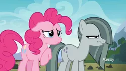 Size: 1072x608 | Tagged: safe, derpibooru import, screencap, marble pie, pinkie pie, earth pony, pony, the maud couple, angry, cute, discovery family logo, duo, female, glare, marble pie is not amused, raised hoof, sisters