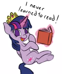 Size: 280x332 | Tagged: safe, artist:ethaes, derpibooru import, twilight sparkle, twilight sparkle (alicorn), alicorn, pony, the maud couple, book, crown, cute, dialogue, glowing horn, i never learned to read, illiteracy, jewelry, levitation, magic, no pupils, opposite day, regalia, self-levitation, simple background, telekinesis, that pony sure does love books, that was fast, tiara, twiabetes, underhoof, white background