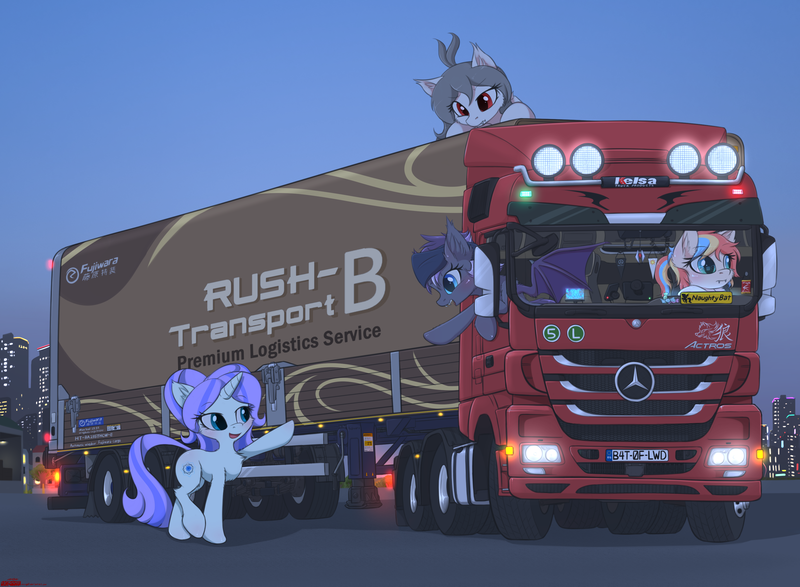 Size: 3320x2436 | Tagged: safe, alternate version, artist:orang111, derpibooru import, edit, oc, oc:chicory, oc:lai chi, oc:violet rose, unofficial characters only, bat pony, unicorn, acrylic painting, city, detailed, lights, mercedes-benz, mercedes-benz actros, rush b, semi truck, trailer, truck