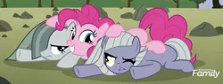 Size: 2179x830 | Tagged: safe, derpibooru import, screencap, limestone pie, marble pie, pinkie pie, earth pony, pony, the maud couple, discovery family logo, pie sisters, siblings, sisters, trio