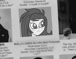 Size: 490x382 | Tagged: safe, artist:missmagnificence, derpibooru import, wallflower blush, equestria girls, equestria girls series, forgotten friendship, arrested development, gag, her?, monochrome, not pictured, solo, yearbook