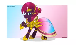 Size: 2000x1189 | Tagged: artist needed, safe, derpibooru import, fizzlepop berrytwist, tempest shadow, pony, my little pony: the movie, alternate hairstyle, armor, clothes, dress, grand galloping gala, jewelry, looking at you, prosthetic horn, prosthetics, simple background, solo, tempest gets her horn back, tiara