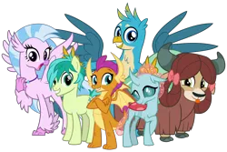 Size: 6000x4000 | Tagged: safe, artist:cheezedoodle96, derpibooru import, gallus, ocellus, sandbar, silverstream, smolder, yona, changedling, changeling, classical hippogriff, dragon, earth pony, gryphon, hippogriff, pony, yak, school daze, .svg available, :p, absurd resolution, bunny ears (gesture), cloven hooves, crossed arms, crossed legs, cute, cuteling, diaocelles, diastreamies, excited, female, gallabetes, gasp, group, group photo, happy, jewelry, looking at you, male, monkey swings, necklace, open mouth, pose, sandabetes, shy, silly, simple background, smiling, smolderbetes, spread wings, student six, svg, teenager, tongue out, transparent background, vector, wings, yonadorable