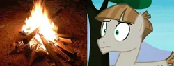 Size: 718x276 | Tagged: bonfire, derpibooru import, edit, edited screencap, fire, meme, mudbriar, safe, screencap, stick abuse, the maud couple, traumatized, trauma trigger, triggered