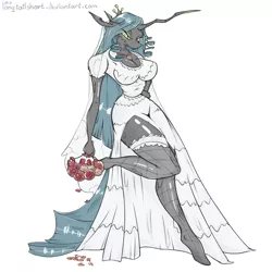 Size: 1024x1024 | Tagged: suggestive, alternate version, artist:longtailshort, derpibooru import, queen chrysalis, anthro, changeling, changeling queen, unguligrade anthro, breasts, busty queen chrysalis, clothes, colored sketch, dress, female, floppy ears, flower, simple background, solo, solo female, wedding dress, white background