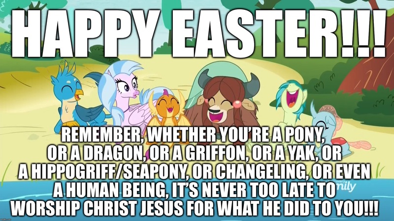 Size: 1920x1080 | Tagged: christianity, derpibooru import, easter, edit, edited screencap, fun, gallus, happy easter, holiday, image macro, jesus christ, ocellus, religion, religious focus, religious headcanon, safe, sandbar, school daze, screencap, silverstream, smolder, student six, yona