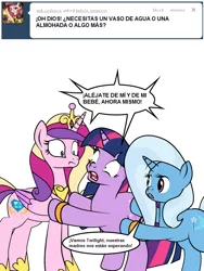 Size: 600x800 | Tagged: safe, artist:dekomaru, derpibooru import, princess cadance, trixie, twilight sparkle, alicorn, pony, unicorn, tumblr:ask twixie, ask, female, lesbian, pregnant, shipping, spanish, translation, tumblr, twixie