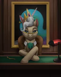 Size: 2787x3500 | Tagged: safe, artist:difetra, derpibooru import, mayor mare, princess celestia, changeling, earth pony, pony, fanfic, commission, explicit source, fanfic art, green eyes, looking at you, sitting, smug