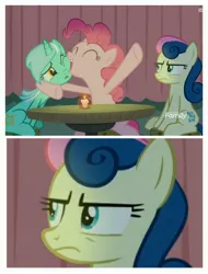 Size: 3106x4096 | Tagged: safe, derpibooru import, screencap, bon bon, lyra heartstrings, pinkie pie, sweetie drops, earth pony, pony, unicorn, the maud couple, angry, bon bon is not amused, candle, female, mare, pointing, tenso, trio, unamused