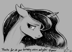 Size: 2100x1500 | Tagged: safe, artist:amarynceus, deleted from derpibooru, derpibooru import, princess luna, alicorn, pony, bust, female, gray background, grayscale, mare, monochrome, portrait, signature, simple background, solo, sparkles, text