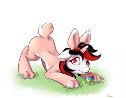 Size: 1024x793 | Tagged: safe, artist:alasou, deleted from derpibooru, derpibooru import, oc, oc:blackjack, unofficial characters only, pony, unicorn, fallout equestria, fallout equestria: project horizons, animal costume, bunny costume, clothes, colored pupils, costume, easter, easter egg, egg, face down ass up, female, floppy ears, holiday, licking, looking at you, looking up, mare, simple background, solo, tongue out, white background, ych result