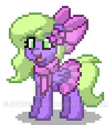 Size: 400x447 | Tagged: safe, artist:syncedsart, derpibooru import, oc, oc:lydria, pegasus, pony, pony town, bow, female, hair bow, mare, pixel art, simple background, solo, transparent background, watermark