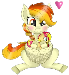 Size: 2724x2955 | Tagged: safe, artist:syncedsart, derpibooru import, sunset shimmer, oc, oc:little flame, unofficial characters only, pegasus, pony, blushing, cute, digital art, female, gift art, heart, mare, paint tool sai, plushie, simple background, sitting, solo, transparent background