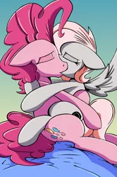 Size: 1802x2706 | Tagged: safe, artist:cabrony, artist:justanotherponyartblog, derpibooru import, pinkie pie, oc, oc:violet, canon x oc, collaboration, female, just another pony art blog, kissing, lesbian, making out, mare, mare on mare
