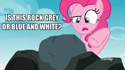 Size: 1024x576 | Tagged: safe, derpibooru import, edit, edited screencap, screencap, pinkie pie, pony, the maud couple, discovery family logo, image macro, meme, rock, solo, white and gold or black and blue dress meme