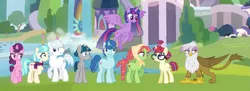 Size: 3627x1313 | Tagged: safe, artist:flipwix, derpibooru import, coco pommel, double diamond, gilda, moondancer, party favor, stygian, sugar belle, tree hugger, twilight sparkle, twilight sparkle (alicorn), alicorn, earth pony, gryphon, pony, unicorn, season 8, alternate hairstyle, alternate universe, clothes, cocodiamond, digital art, ethereal mane, female, glasses, hair bun, male, mare, older, older twilight, raised hoof, scarf, school of friendship, shipping, smiling, spread wings, stallion, starry mane, straight, ultimate twilight, wings