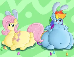 Size: 2150x1654 | Tagged: safe, artist:dullpoint, derpibooru import, fluttershy, rainbow dash, adorafatty, belly, big belly, bunny ears, bunnyshy, chubby cheeks, cute, dashabetes, duo, easter, easter bunny, easter egg, fat, fattershy, female, holiday, huge butt, large butt, mare, obese, rainblob dash, shyabetes, tongue out