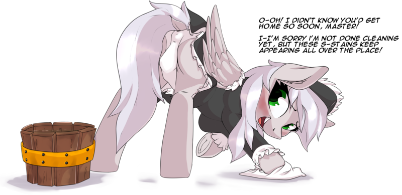 Size: 1874x911 | Tagged: questionable, alternate version, artist:lux, derpibooru import, oc, oc:silver sleet, unofficial characters only, pegasus, pony, adorasexy, anatomically correct, anus cameltoe, bend over, blushing, cameltoe, cleaning, clothes, crotch bulge, cute, dialogue, dock, dress, face down ass up, female, frog (hoof), green eyes, headdress, implied vaginal secretions, looking back, maid, mare, master, nudity, panties, plot, raised tail, sexy, simple background, smiling, solo, tail, transparent background, underhoof, underwear