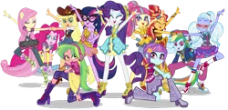 Size: 1024x495 | Tagged: safe, artist:limedazzle, derpibooru import, edit, editor:bezziie, vector edit, applejack, fluttershy, lemon zest, pinkie pie, rainbow dash, rarity, sci-twi, sour sweet, sugarcoat, sunny flare, sunset shimmer, twilight sparkle, dance magic, equestria girls, spoiler:eqg specials, clothes, converse, dress, eyes closed, humane five, humane seven, humane six, looking at you, open mouth, ponied up, rapper dash, shoes, simple background, transparent background, vector
