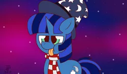 Size: 1280x750 | Tagged: safe, artist:thebadbadger, derpibooru import, oc, oc:ink vat, unicorn, clothes, hat, scarf, tongue out, wizard hat