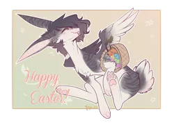 Size: 1610x1140 | Tagged: safe, artist:monogy, derpibooru import, oc, oc:monogy, basket, easter, easter bunny, female, holiday, pale belly, paws, rabbit pony, simple background, solo, species swap, tongue out, transparent background, underpaw