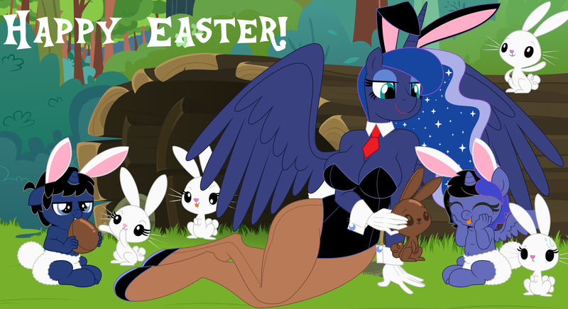 Size: 11000x6000 | Tagged: suggestive, artist:evilfrenzy, derpibooru import, princess luna, oc, oc:cruithne, oc:frenzy, alicorn, anthro, unguligrade anthro, unicorn, absurd resolution, age regression, alicorn oc, baby, breasts, bunny suit, busty princess luna, clothes, cuffs (clothes), diaper, easter, family, female, gloves, holiday, image, male, offspring, pantyhose, parent:oc:frenzy, parent:princess luna, parents:canon x oc, playboy bunny, png, sweat, tongue out