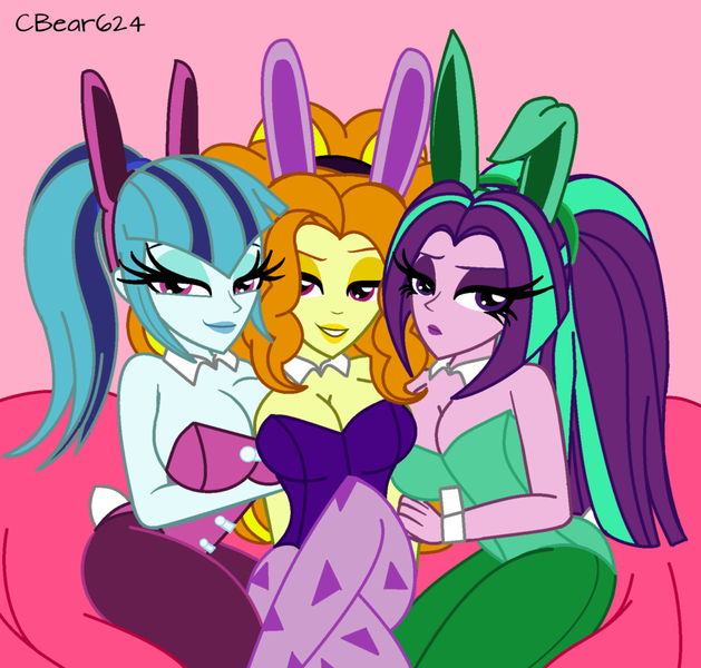 Size: 900x858 | Tagged: suggestive, artist:cbear624, derpibooru import, adagio dazzle, aria blaze, sonata dusk, equestria girls, bedroom eyes, breasts, bunny ears, bunny suit, busty adagio dazzle, busty aria blaze, busty sonata dusk, cleavage, clothes, crossed legs, cuffs (clothes), easter, female, holiday, looking at you, pantyhose, playboy bunny, signature, trio