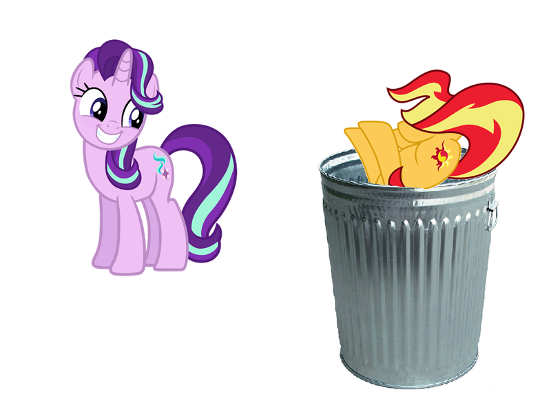 Size: 1062x790 | Tagged: safe, derpibooru import, starlight glimmer, sunset shimmer, pony, unicorn, abuse, downvote bait, drama bait, duo, duo female, female, mare, shimmerbuse, simple background, starlight glimmer is best pony, sunset shimmer's trash can, trash can, white background, why