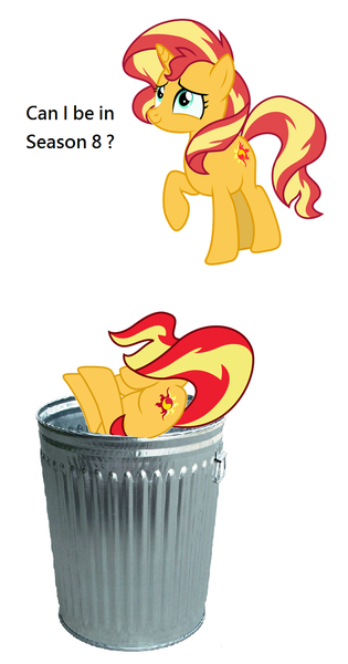 Size: 632x1204 | Tagged: safe, derpibooru import, sunset shimmer, pony, unicorn, abuse, downvote bait, female, into the trash it goes, mare, shimmerbuse, simple background, solo, sunset shimmer's trash can, trash can, white background