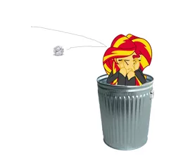 Size: 1656x1540 | Tagged: safe, derpibooru import, sunset shimmer, equestria girls, abuse, bully, bullying, downvote bait, drama bait, into the trash it goes, sad, shimmerbuse, simple background, sunset shimmer's trash can, trash can, white background
