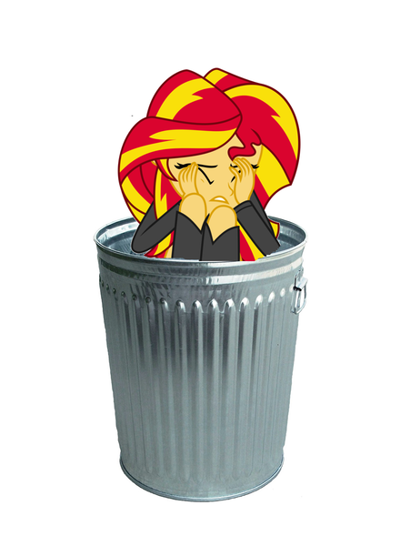 Size: 1016x1384 | Tagged: safe, derpibooru import, sunset shimmer, equestria girls, abuse, downvote bait, sad, shimmerbuse, simple background, solo, sunset shimmer's trash can, trash can, white background