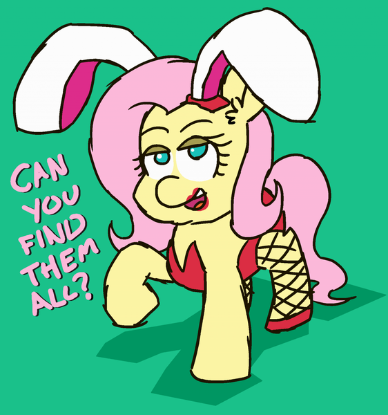 Size: 1280x1367 | Tagged: suggestive, artist:threetwotwo32232, derpibooru import, fluttershy, pegasus, pony, 30 minute art challenge, bunny ears, bunny suit, clothes, dialogue, easter, female, fishnet pantyhose, holiday, lipstick, mare, solo