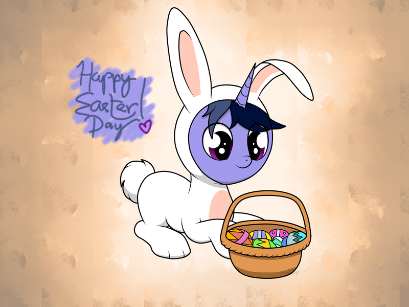 Size: 2048x1536 | Tagged: safe, artist:kimjoman, derpibooru import, oc, oc:purple flix, unofficial characters only, pony, animal costume, bunny costume, clothes, costume, cute, easter, easter bunny, easter egg, gradient background, holiday, male, sitting, solo, text, youtube link