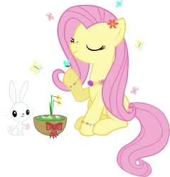 Size: 3904x4080 | Tagged: safe, artist:ironm17, derpibooru import, angel bunny, fluttershy, butterfly, pegasus, pony, basket, cute, easter, easter basket, easter egg, eyes closed, holiday, shyabetes, simple background, sitting, transparent background, vector